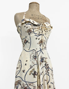 Ivory Vintage Western Print 1940s Style Marta Halter Dress