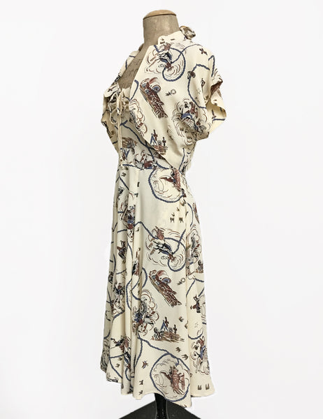 Ivory Vintage Western Print 1940s Style Marta Halter Dress