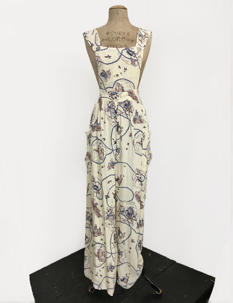 Ivory Vintage Western Print 1940s Style Rosie Bib Overalls
