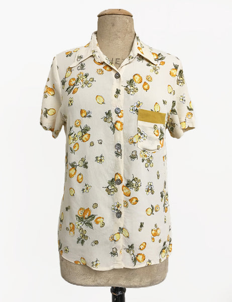 Ivory Lemon Print Button Up Short Sleeve Camp Shirt