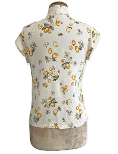 Ivory Lemon Print Mandarin Collar Button Up Tea Timer Top