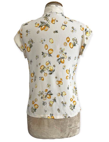 Ivory Lemon Print Mandarin Collar Button Up Tea Timer Top