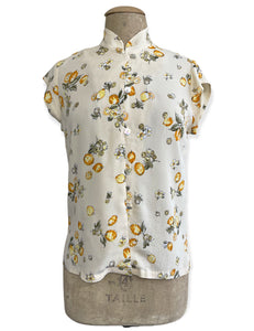Ivory Lemon Print Mandarin Collar Button Up Tea Timer Top