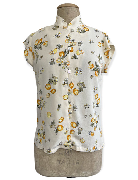 Ivory Lemon Print Mandarin Collar Button Up Tea Timer Top