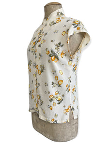 Ivory Lemon Print Mandarin Collar Button Up Tea Timer Top
