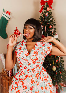 FINAL SALE - Scout for Loco Lindo - 1940s Style Holiday Berry Garden Wrap Dress