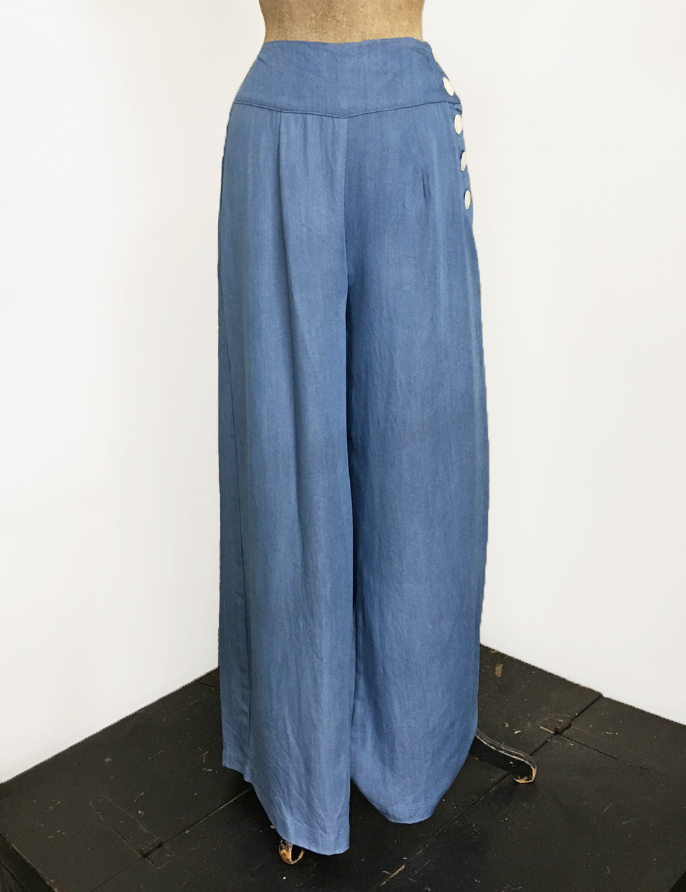 Soft Blue Chambray Wide Legged High Waisted Palazzo Pants
