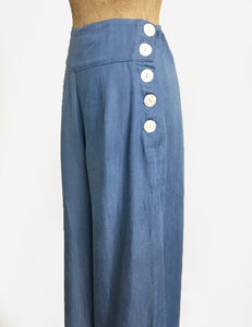 Soft Blue Chambray Wide Legged High Waisted Palazzo Pants
