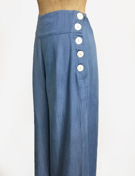Soft Blue Chambray Wide Legged High Waisted Palazzo Pants