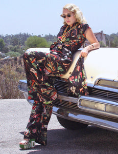 Black California Map Print 1940s High Waisted Palazzo Pants