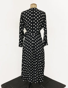 Long Sleeve Black & White Big Dot Cascade Wrap Dress - FINAL SALE