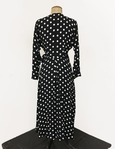 Long Sleeve Black & White Big Dot Cascade Wrap Dress - FINAL SALE