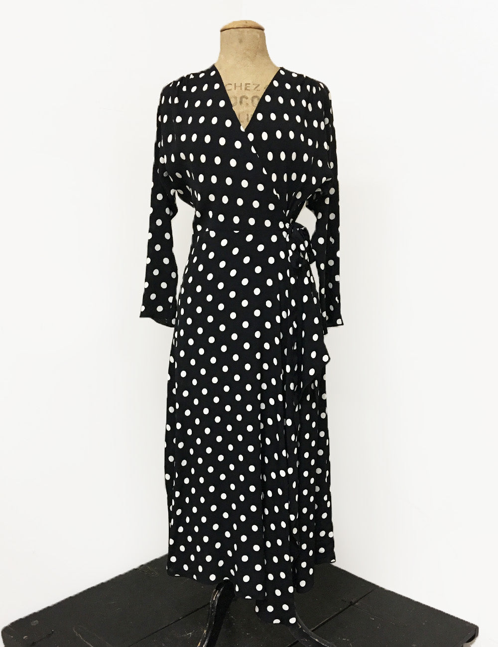 Long Sleeve Black & White Big Dot Cascade Wrap Dress - FINAL SALE