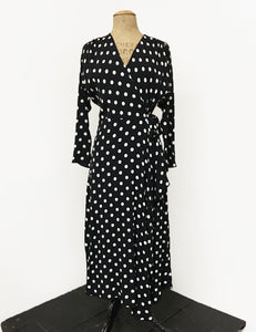 Long Sleeve Black & White Big Dot Cascade Wrap Dress - FINAL SALE