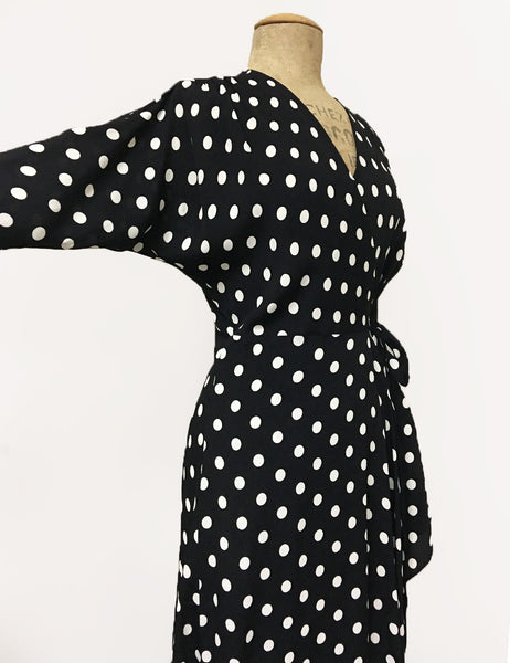 Long Sleeve Black & White Big Dot Cascade Wrap Dress - FINAL SALE
