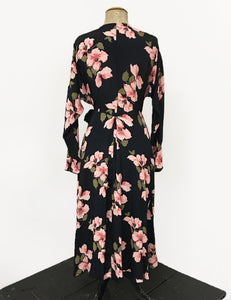 Long Sleeve Pink & Black Tropical Nights Cascade Wrap Dress
