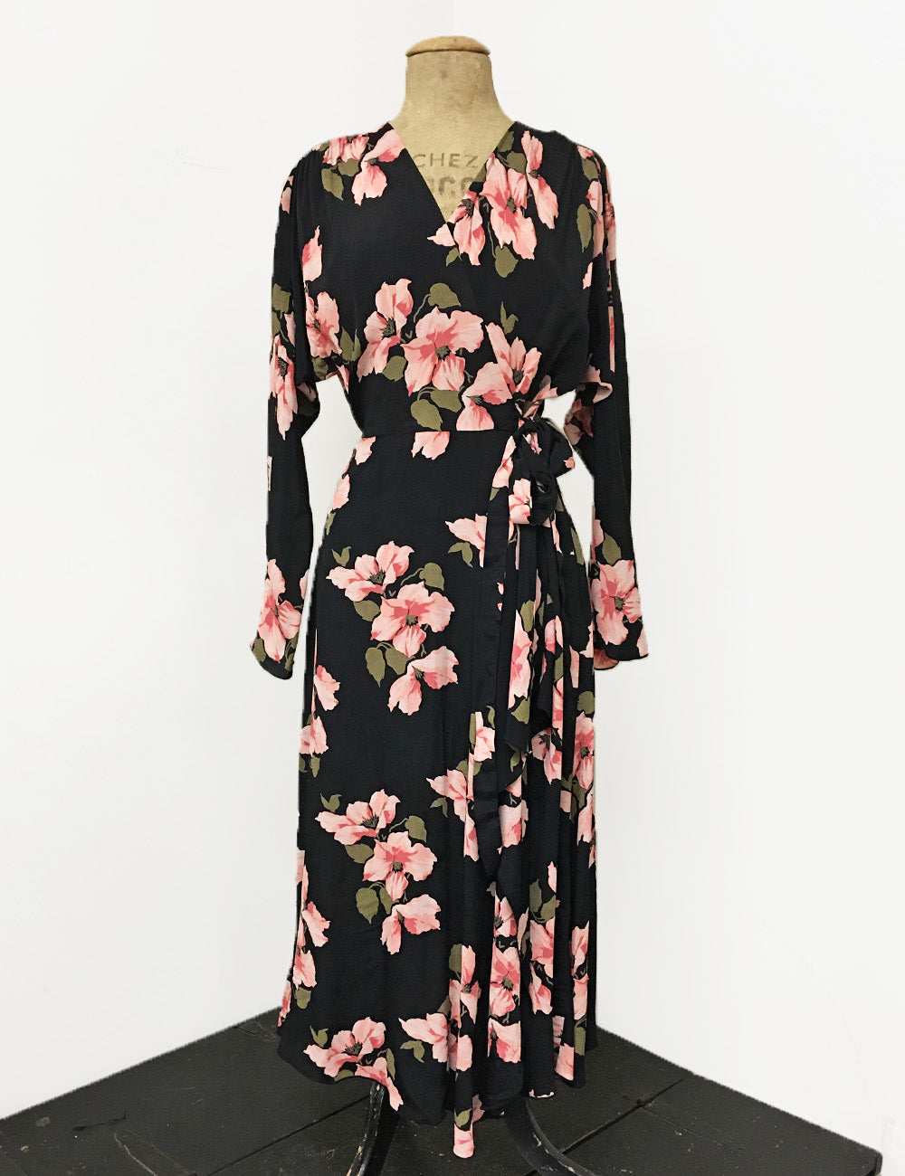 Long Sleeve Pink & Black Tropical Nights Cascade Wrap Dress