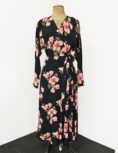 Long Sleeve Pink & Black Tropical Nights Cascade Wrap Dress