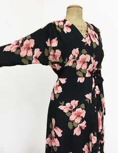 Long Sleeve Pink & Black Tropical Nights Cascade Wrap Dress