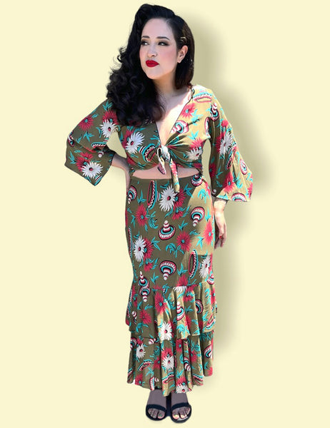 FINAL SALE - Olive Green Sombrero Print Tiered Mimi Maxi Skirt