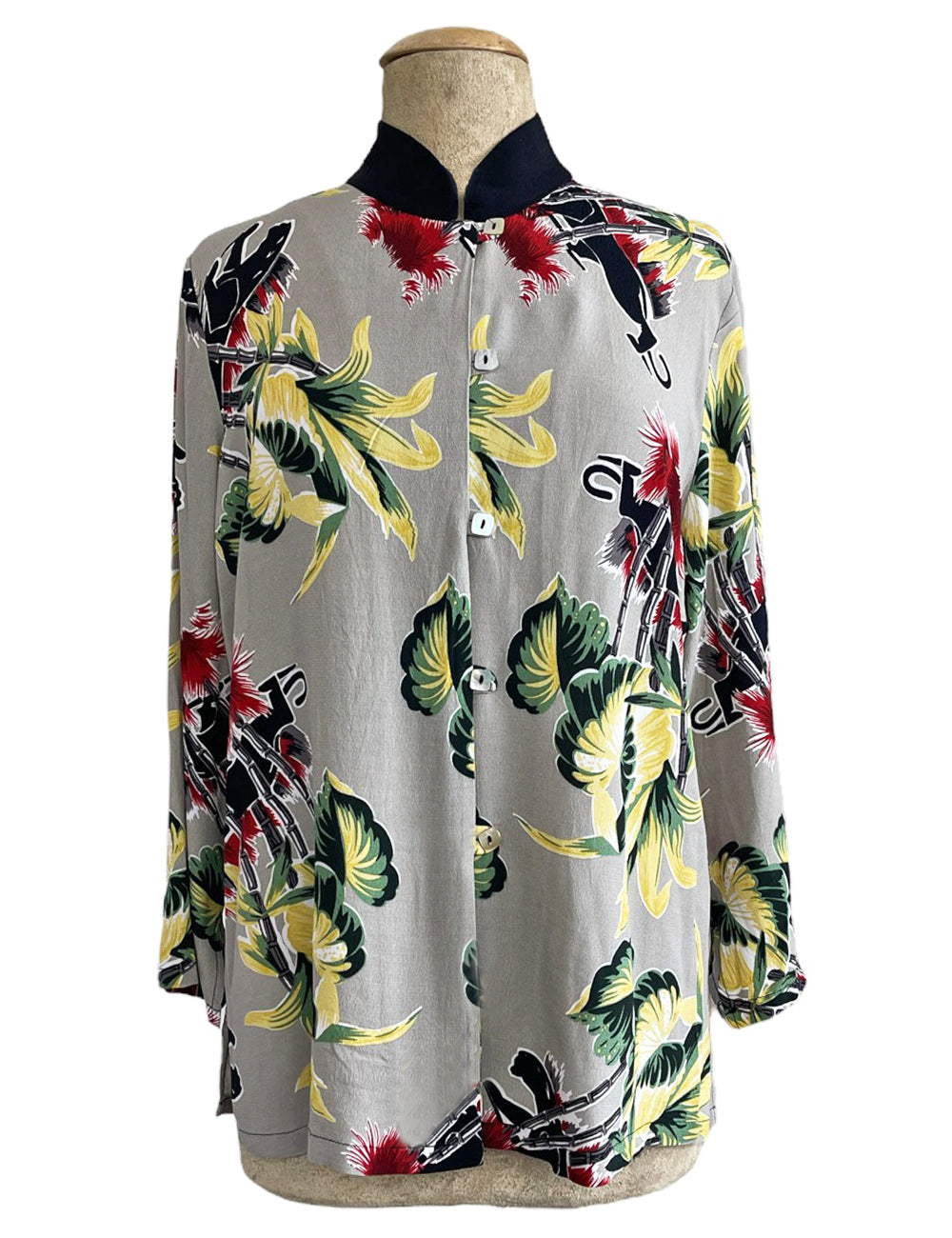 Grey Panther Print Mandarin Collar Button Up Sleeved Tunic Blouse