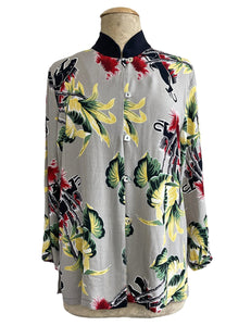 Grey Panther Print Mandarin Collar Button Up Sleeved Tunic Blouse