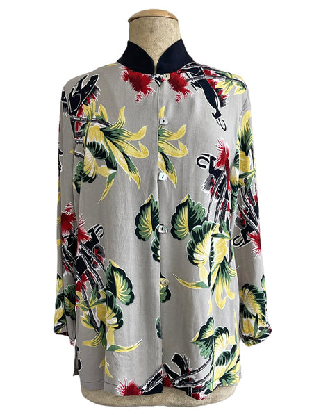 Grey Panther Print Mandarin Collar Button Up Sleeved Tunic Blouse