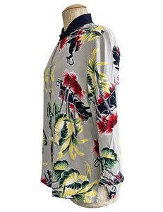 Grey Panther Print Mandarin Collar Button Up Sleeved Tunic Blouse