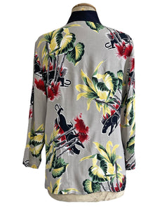Grey Panther Print Mandarin Collar Button Up Sleeved Tunic Blouse