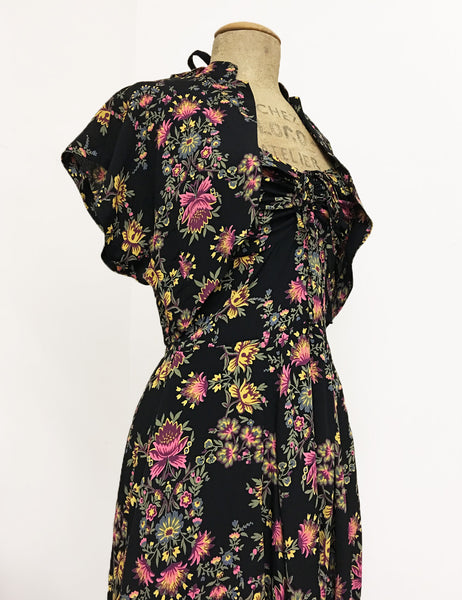 Black & Colorful Baroque Floral 1940s Inspired Marta Halter Swing Dress