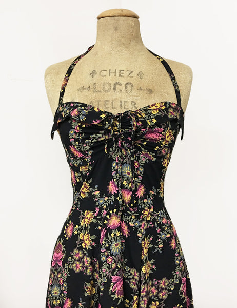 Black & Colorful Baroque Floral 1940s Inspired Marta Halter Swing Dress
