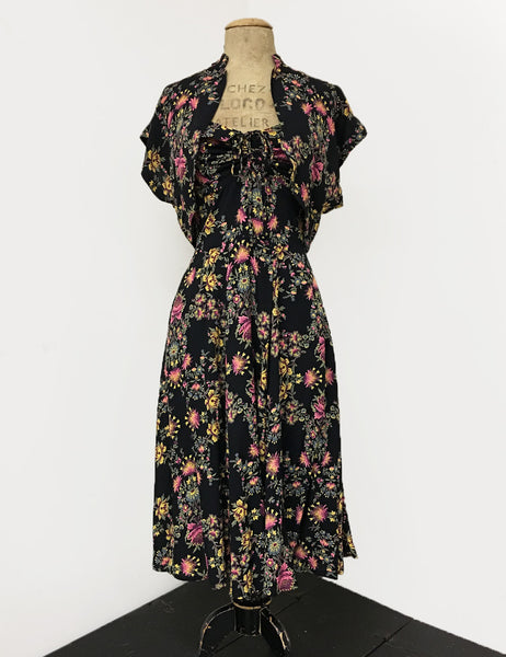 Black & Colorful Baroque Floral 1940s Inspired Marta Halter Swing Dress