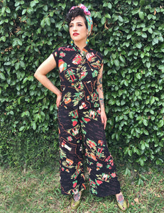 Black California Print 1930s Style Mandarin Collar Tea Timer Top