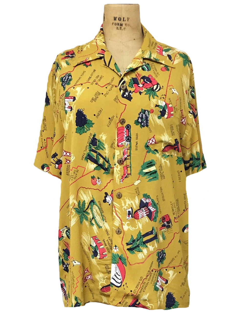 Mustard Yellow California Map Print Men's Sonny Button Up Shirt