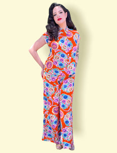 Orange Colorful Oil Cloth Print Button Up Tea Timer Top Top