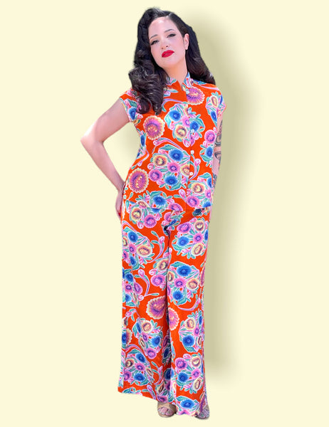 Orange Colorful Oil Cloth Print 1940s Style High Waisted Palazzo Pants