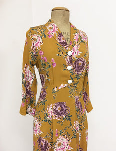 Mustard Spring Floral Print Three Quarter Sleeve Vintage Day Dress