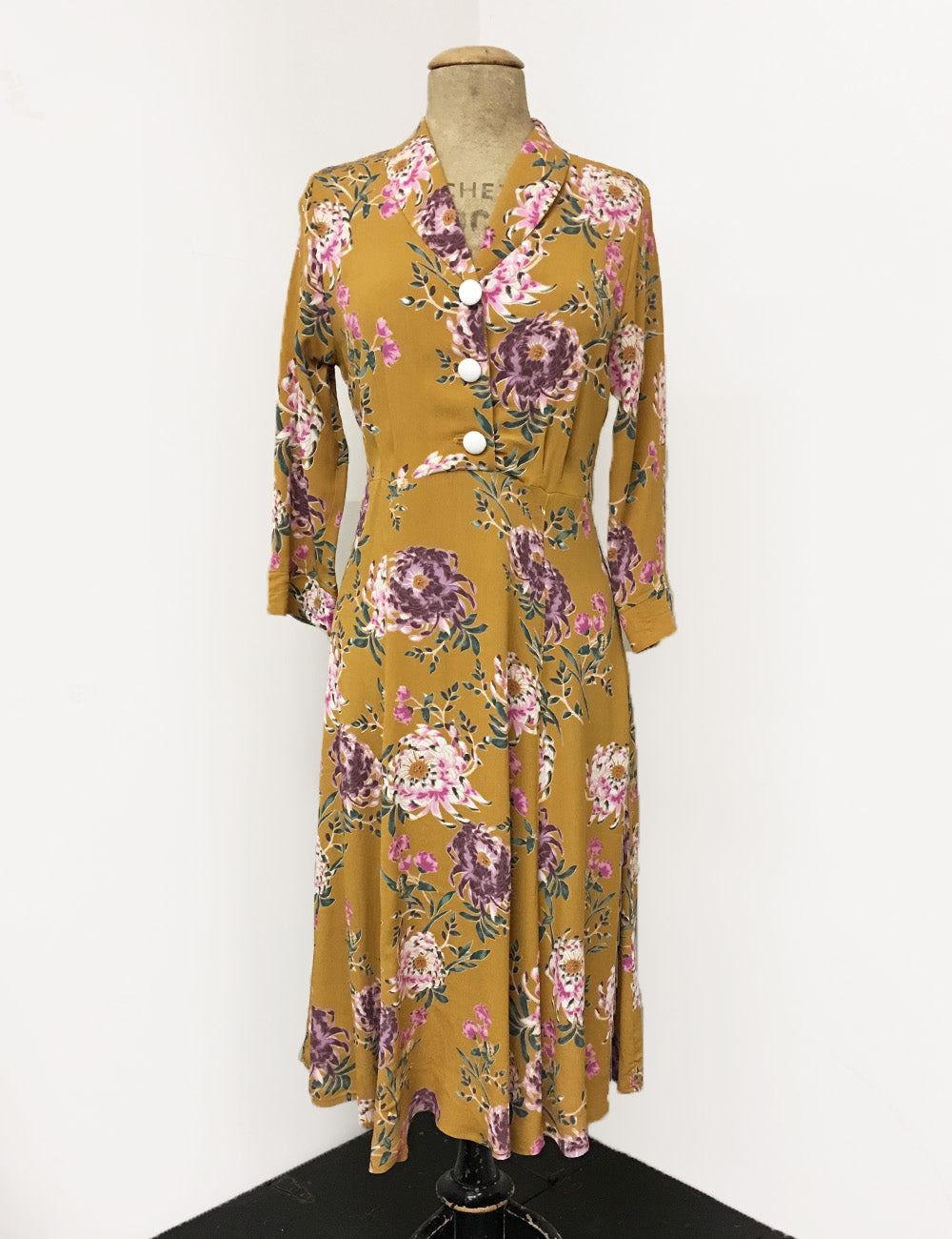 Mustard Spring Floral Print Three Quarter Sleeve Vintage Day Dress