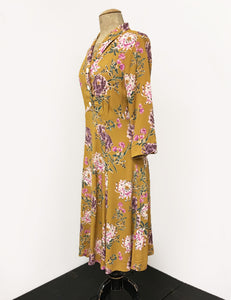 Mustard Spring Floral Print Three Quarter Sleeve Vintage Day Dress