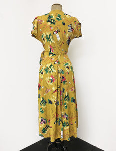 Exclusive Mustard Yellow California Map Print 1940s Style Cascade Wrap Dress