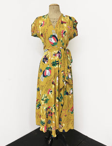 Exclusive Mustard Yellow California Map Print 1940s Style Cascade Wrap Dress