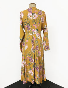 Long Sleeve Mustard Yellow Spring Floral Cascade Wrap Dress - FINAL SALE
