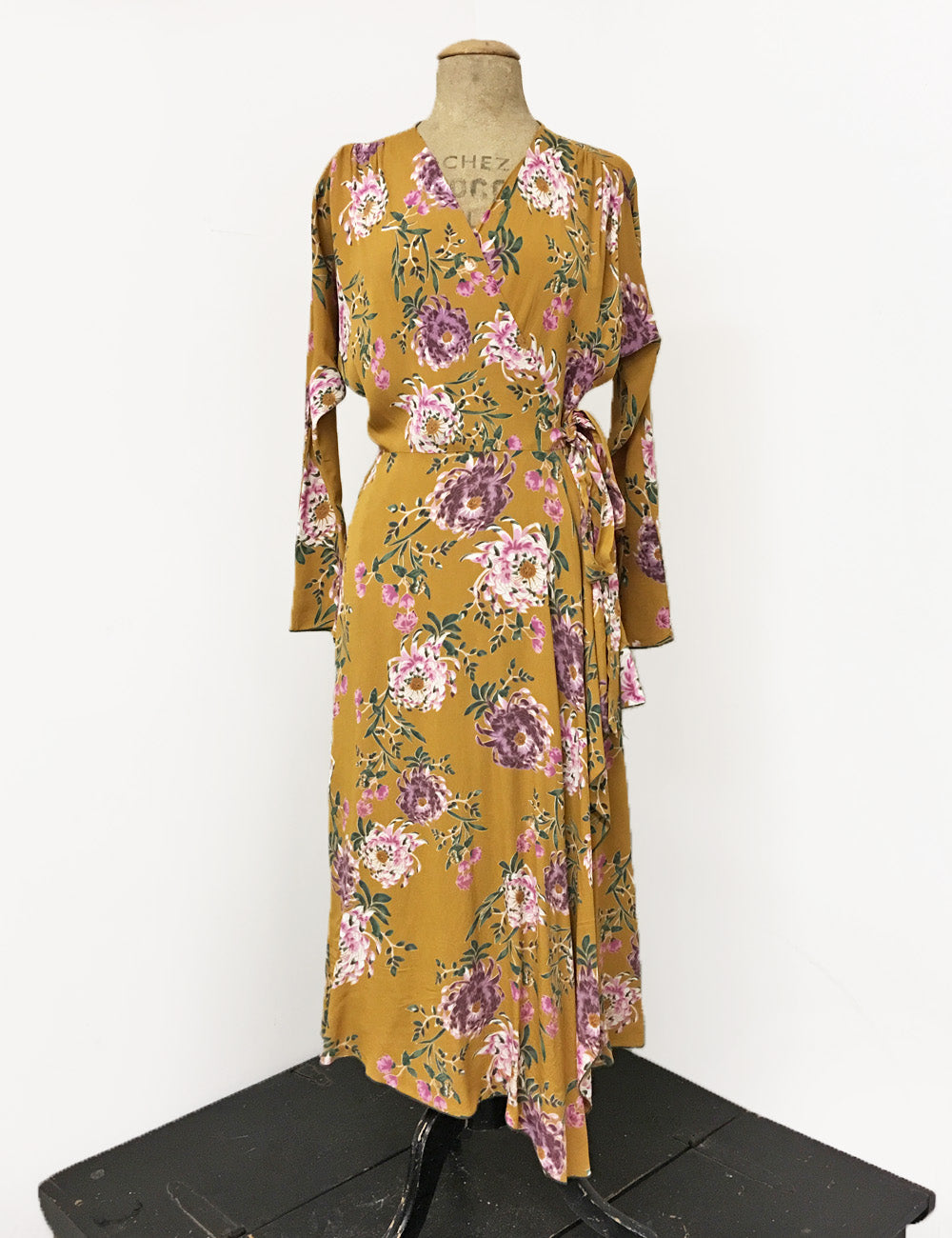 Long Sleeve Mustard Yellow Spring Floral Cascade Wrap Dress - FINAL SALE
