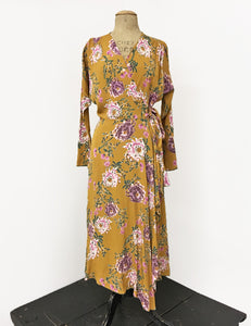 Long Sleeve Mustard Yellow Spring Floral Cascade Wrap Dress - FINAL SALE