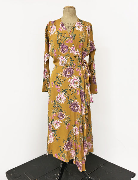 Long Sleeve Mustard Yellow Spring Floral Cascade Wrap Dress - FINAL SALE