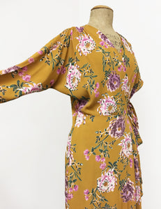 Long Sleeve Mustard Yellow Spring Floral Cascade Wrap Dress - FINAL SALE