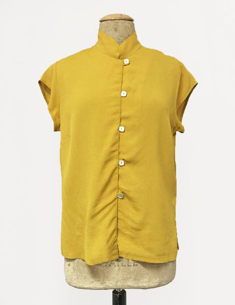 Mustard Yellow Button Up Mandarin Collar Tea Timer Top