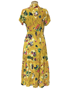 1940s Style Mustard Yellow California Map Print Tea Length Day Dress