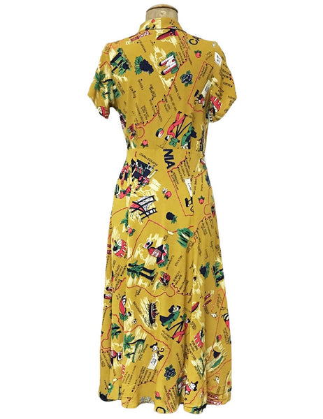 1940s Style Mustard Yellow California Map Print Tea Length Day Dress