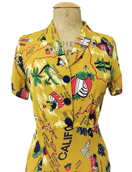 1940s Style Mustard Yellow California Map Print Tea Length Day Dress